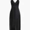 Solid Asymmetrical Lace V-Neck Maxi Dress>MICAS Outlet
