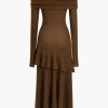Solid Asymmetrical Off Shoulder Maxi Dress>MICAS New