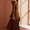 Solid Asymmetrical Off Shoulder Maxi Dress>MICAS New