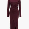 Solid Asymmetrical Ruched Slit Long-Sleeve Maxi Dress>MICAS Clearance