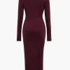 Solid Asymmetrical Ruched Slit Long-Sleeve Maxi Dress>MICAS Clearance