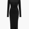 Solid Asymmetrical Ruched Slit Long-Sleeve Maxi Dress>MICAS Clearance