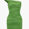 Solid Asymmetrical Ruched Mini Dress>MICAS Best