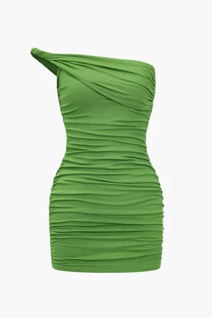 Solid Asymmetrical Ruched Mini Dress>MICAS Best