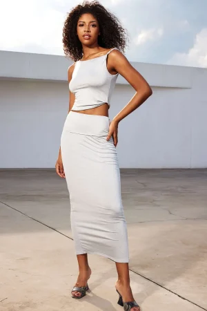 Solid Asymmetrical Twist Knot Top And Midi Skirt Set>MICAS Hot