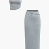 Solid Asymmetrical Twist Knot Top And Midi Skirt Set>MICAS Hot