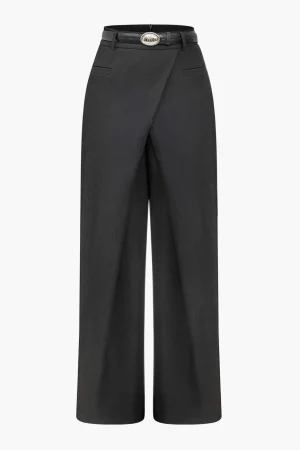 Solid Asymmetrical Wrap Belted Trousers>MICAS New