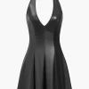 Solid Backless Halter Faux Leather Mini Dress>MICAS Sale