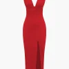 Solid Backless Ruched Slit Midi Dress>MICAS Outlet