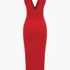 Solid Backless Ruched Slit Midi Dress>MICAS Outlet