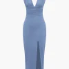 Solid Backless Ruched Slit Midi Dress>MICAS Outlet