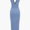 Solid Backless Ruched Slit Midi Dress>MICAS Outlet
