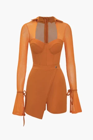 Solid Bell Sleeves Contrast Mesh Bustier Zipper Romper>MICAS Clearance