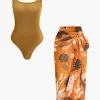 Solid Bodysuit And Leaves Print Knot Wrap Skirt Set>MICAS Hot