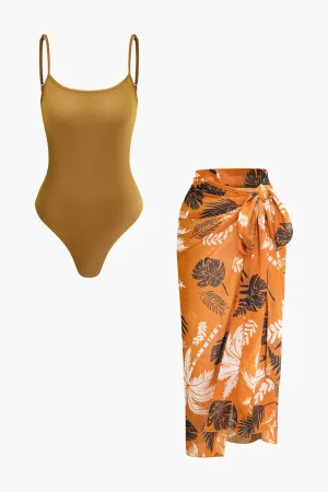 Solid Bodysuit And Leaves Print Knot Wrap Skirt Set>MICAS Hot