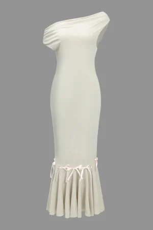 Solid Bow Asymmetrical Midi Dress>MICAS Fashion