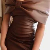 Solid Bow Faux Leather Off Shoulder Mini Dress>MICAS Online