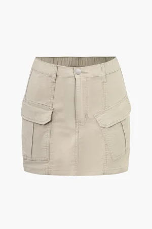 Solid Button Asymmetrical Pocket Zipper Mini Skirt>MICAS New