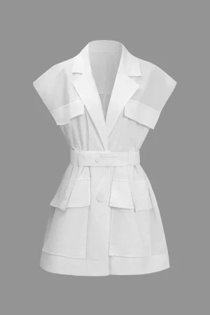 Solid Button Pocket Belted Short-Sleeve Shirt>MICAS Online