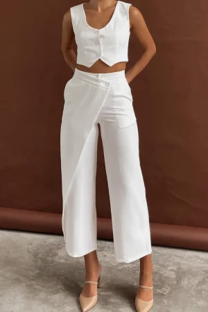 Solid Button Up Crop Vest And Asymmetrical Trouser Set>MICAS Clearance