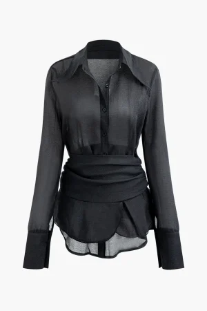 Solid Button Up Long Sleeve Shirt And Ruffle Hem Mini Skirt Set>MICAS New