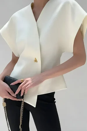 Solid Button V-Neck Short-Sleeve Shirt>MICAS Best