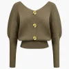 Solid Button V-Neck Sweater Long-Sleeve Top>MICAS Clearance