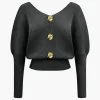 Solid Button V-Neck Sweater Long-Sleeve Top>MICAS Clearance