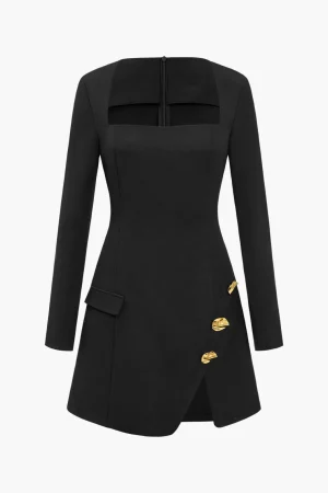 Solid Button Zipper Asymmetrical Mini Dress>MICAS Fashion