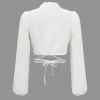 Solid Chiffon Tie Front Crossed Scallop Edge Long-Sleeve Shirt>MICAS Discount