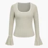 Solid Contrast Binding Square Neck Bell Sleeve Top>MICAS Fashion
