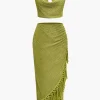 Solid Cowl Neck Top And Fringe Ruched Skirt Set>MICAS Outlet