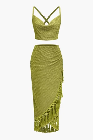 Solid Cowl Neck Top And Fringe Ruched Skirt Set>MICAS Outlet