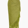 Solid Cowl Neck Top And Fringe Ruched Skirt Set>MICAS Outlet