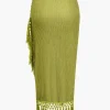 Solid Cowl Neck Top And Fringe Ruched Skirt Set>MICAS Outlet