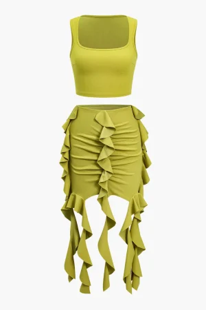 Solid Crop Tank Top And Ruffle Skirt Set>MICAS Discount