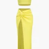 Solid Crop Tank Top And Slit Twist Knot Skirt Set>MICAS Hot