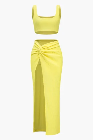 Solid Crop Tank Top And Slit Twist Knot Skirt Set>MICAS Hot
