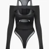 Solid Crossed Cut Out Sheer Bodysuit>MICAS Outlet