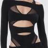 Solid Crossed Cut Out Sheer Bodysuit>MICAS Outlet