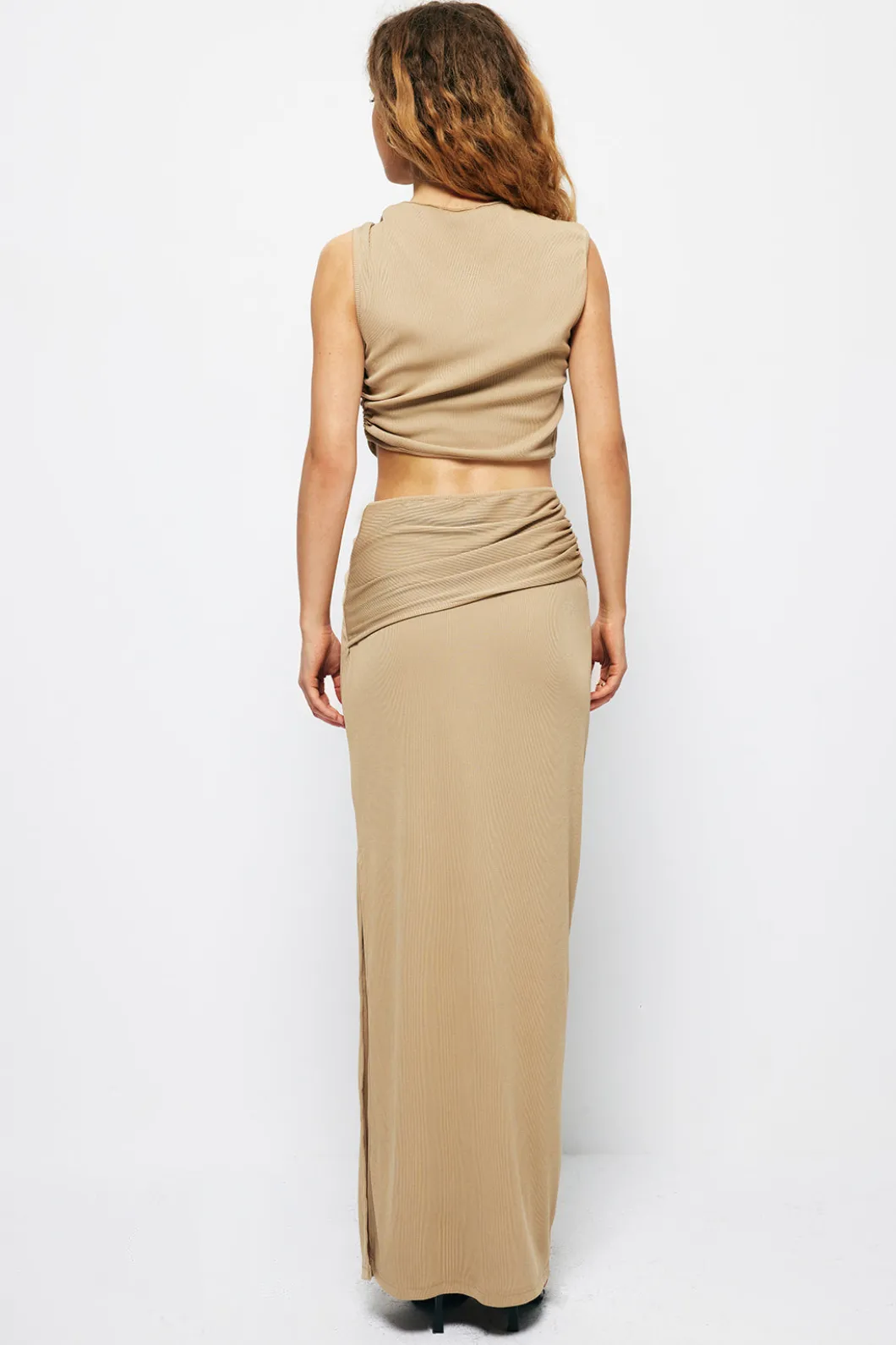 Solid Cut Out Crop Tank Top And Ruched Split Midi Skirt Set>MICAS Best