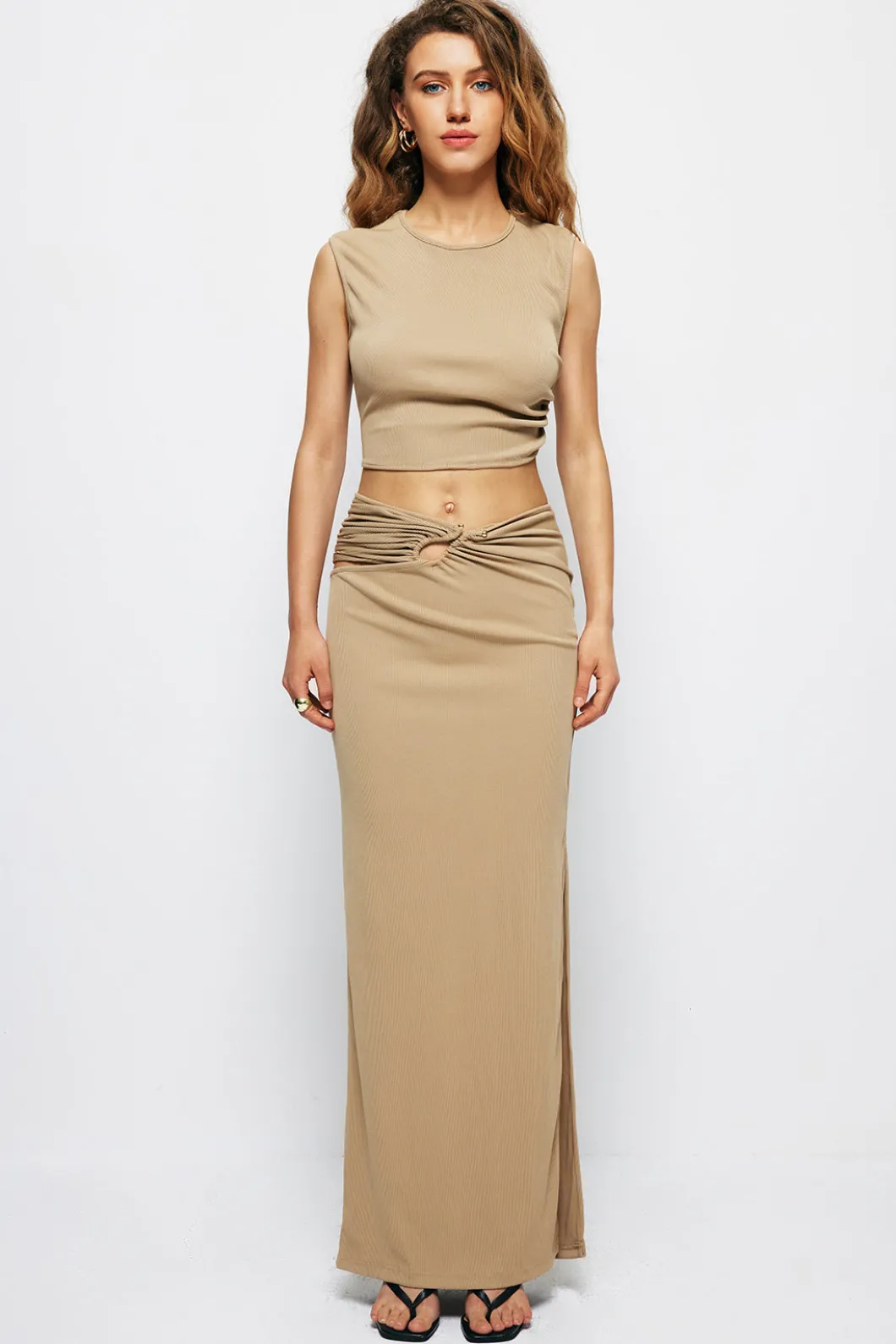 Solid Cut Out Crop Tank Top And Ruched Split Midi Skirt Set>MICAS Best