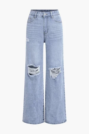 Solid Cut Out Ripped Jeans>MICAS New