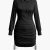 Solid Drawstring Hooded Mini Dress>MICAS Online