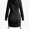 Solid Drawstring Hooded Mini Dress>MICAS Online