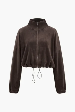 Solid Drawstring Mock Neck Zipper Jacket>MICAS New