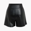 Solid Faux Leather Asymmetrical Zipper Shorts>MICAS Online