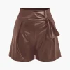 Solid Faux Leather Asymmetrical Zipper Shorts>MICAS Online