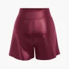 Solid Faux Leather Asymmetrical Zipper Shorts>MICAS Online