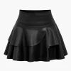 Solid Faux Leather Asymmetrical Layer Skirt>MICAS Outlet